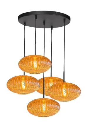 Zavi 5-lichts Getrapte Hanglamp Geribbeld Amberglas Nowość