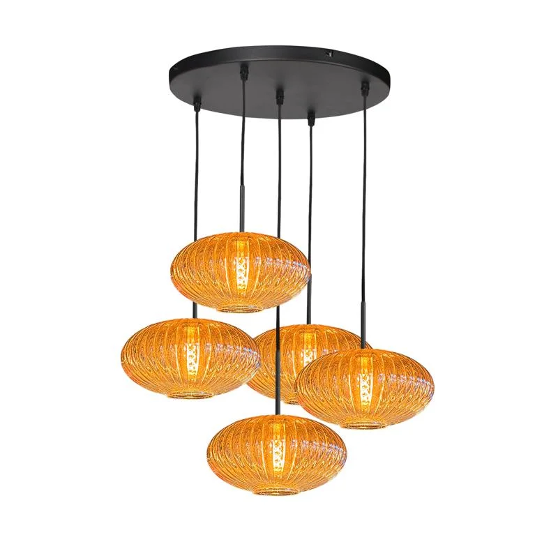 Zavi 5-lichts Getrapte Hanglamp Geribbeld Amberglas Nowość