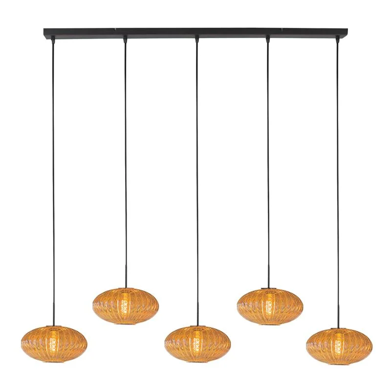 Zniżka Zavi 5-lichts Hanglamp Geribbeld Amberglas