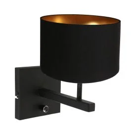 Zwarte Wandlamp Stang 7200ZW met schakelaar en kap Zwart Linnen Premium