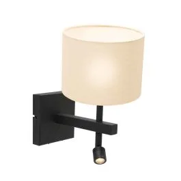 Zwarte wandlamp Stang 8204ZW met leeslamp en wit grof linnen kap Do wyczerpania zapasów