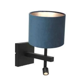 Zwarte wandlamp Stang 8208ZW met leeslamp en blauw velours kap Dostępne od ręki