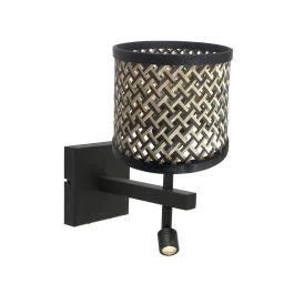Zwarte wandlamp Stang 3701ZW met leeslamp en naturel zwart bamboe kap Bezpieczna płatność