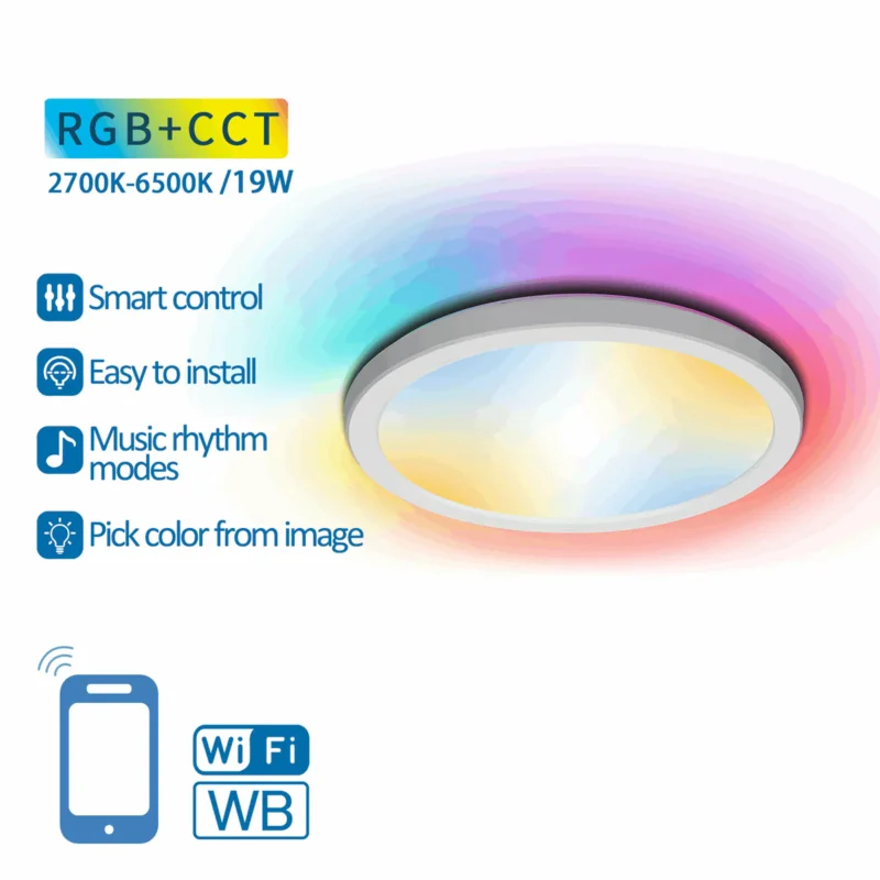 Zamów teraz Plafondlamp Ø 24cm WiFi RGB+CCT 2700K-6500K | RGB - warmwit - daglichtwit - LED 19W=150W gloeilamp
