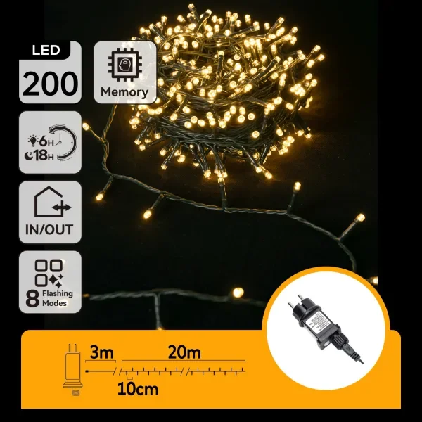 Wyprzedaż Lichtstring warmwit 23 meter (3+20) - 200 LED's | waterdicht IP44 | 230VAC - 24V | met timer 6u aan/18u uit