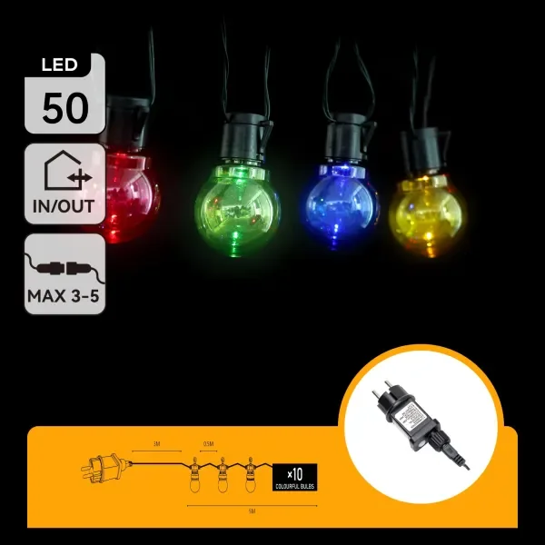 Lichtstring kleur 8 meter (3+5) - 10 LED's meerkleurig | sproeidicht IP44 - koppelbaar (max 5) | 230VAC - 24V | met timer 6u aan/18u uit Łatwy zwrot