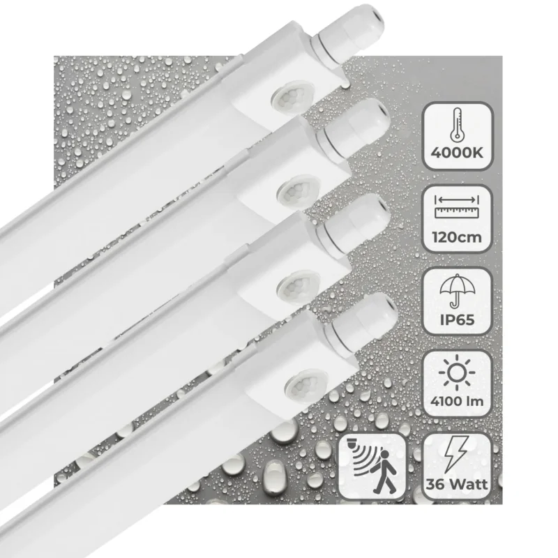 LED Vochtbestendig armatuur met PIR sensor 120cm - 4100 lumen - 36W - Koelwit 4000K - IP65 - 4 stuks Promocja