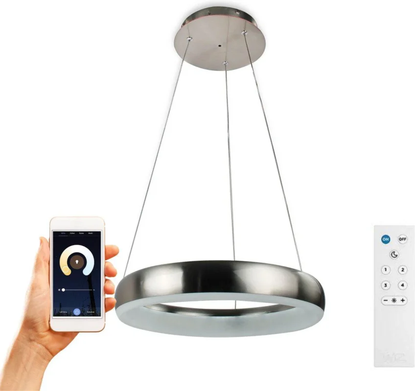 Smart LED Hanglamp rond 60 cm - Bedienbaar met afstandsbediening en app - White & Color - Zilver Tylko dziś