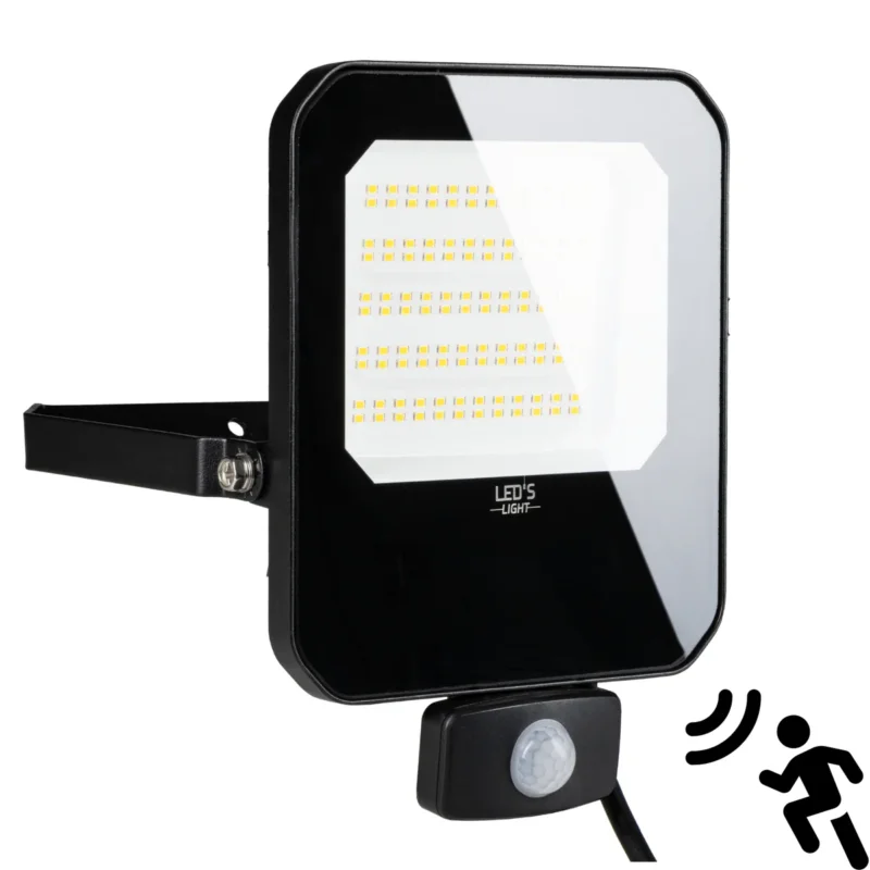 Taniej LED Schijnwerper 50W met Sensor - 6000 lumen - Koelwit 4000K - PIR Bewegingssensor - IP65 - Zwart