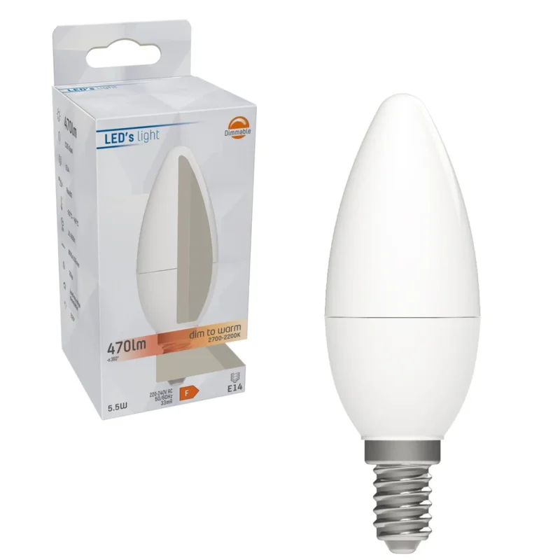 LED Kaarslamp E14 dimbaar - 470 lumen - 5.5W - Warmwit 2700K-2200K - Dim-To-Warm Dostępne od ręki