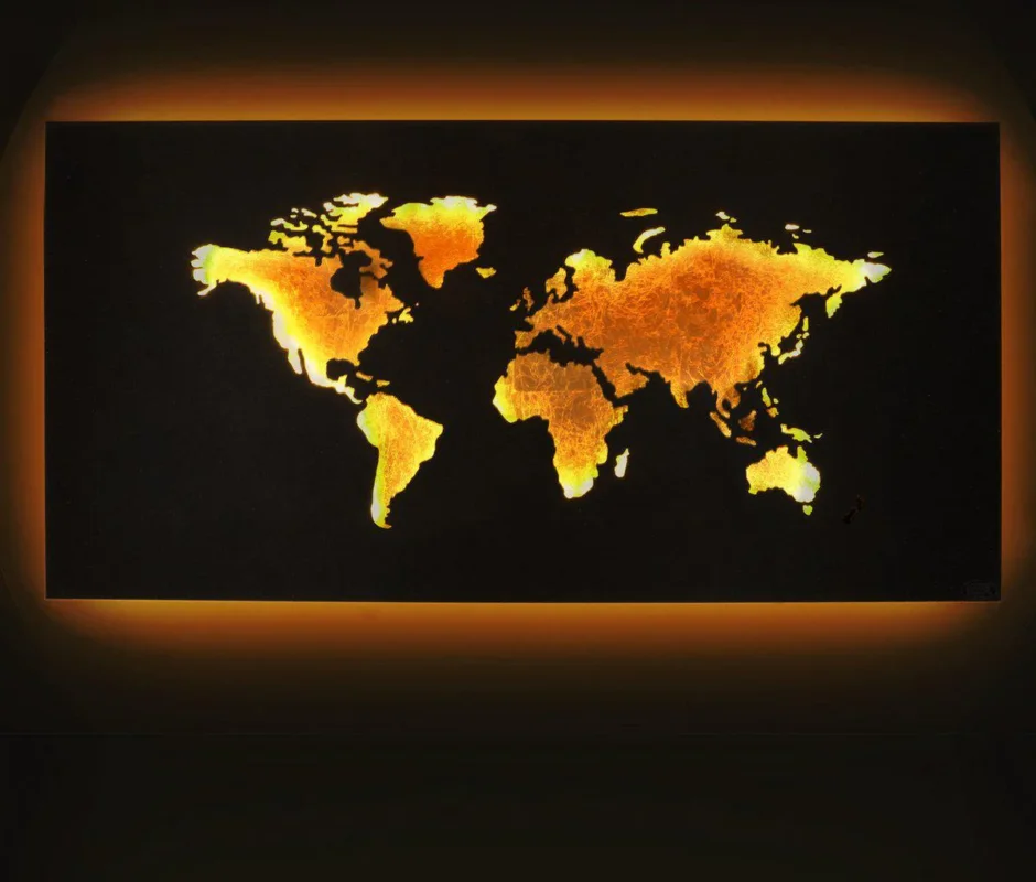 Design LED Wereldkaart wanddecoratie met verlichting - 60 x 30 cm - Bruin goud metaal Ostatnie sztuki