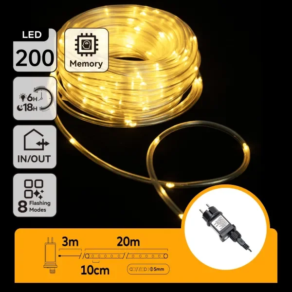 Tylko do końca tygodnia Lichtstring buis warmwit 23 meter (3+20) - 200 LED's | waterdicht IP44 | 230VAC - 24V | met timer 6u aan/18u uit