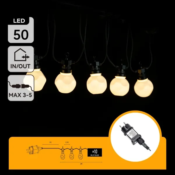 Lichtstring warmwit 8 meter (3+5) - 10 LED's milky | sproeidicht IP44 - koppelbaar (max 5) | 230VAC - 24V | met timer 6u aan/18u uit - SALE Szybka wysyłka